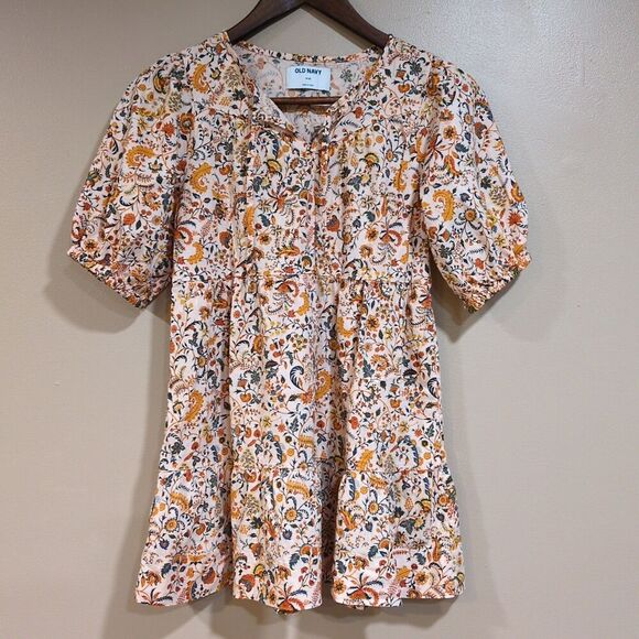 Old Navy Girls M 8 Floral Puff Sleeve Tiered Swing Dress Bohemian Fall Peasant - Picture 1 of 9